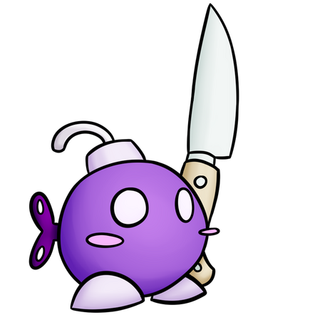 Purple bob-omb with a knife, in the style of knife kirb